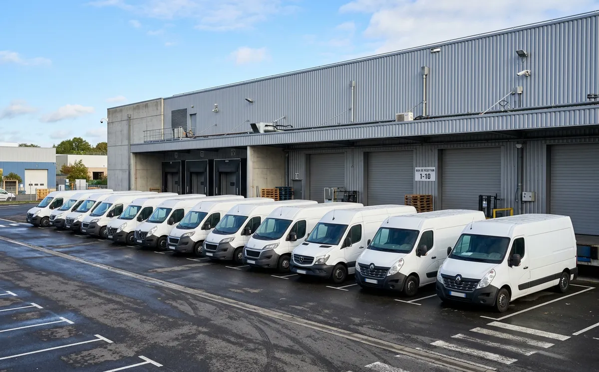 Alignement de fourgons utilitaires devant dépôt