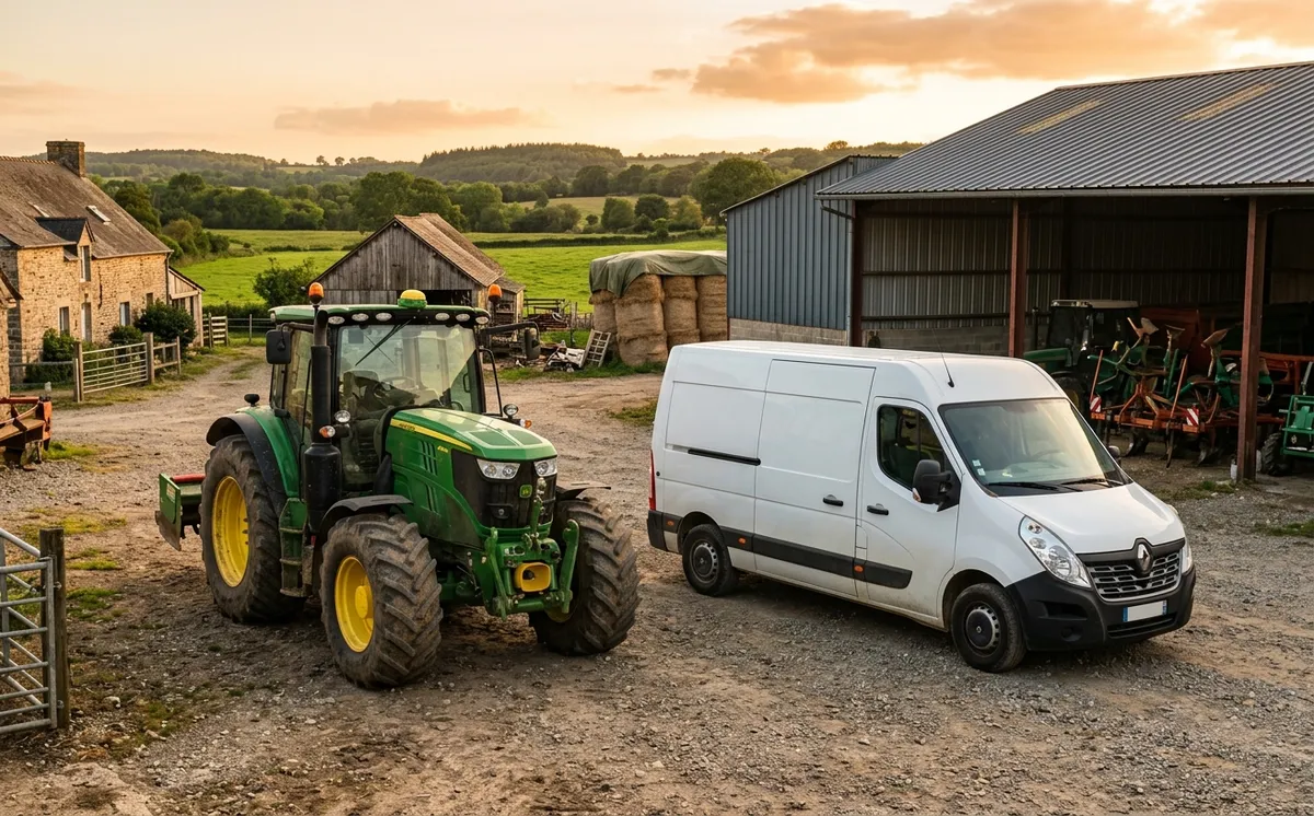 Tracteur et utilitaire dans cour de ferme